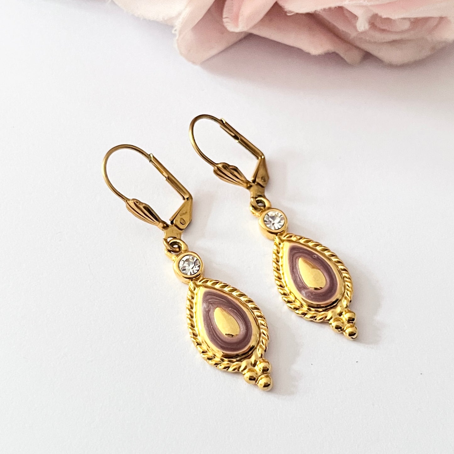 1980s Pink Marble Enamel Diamanté Gold Plated Hook Earrings