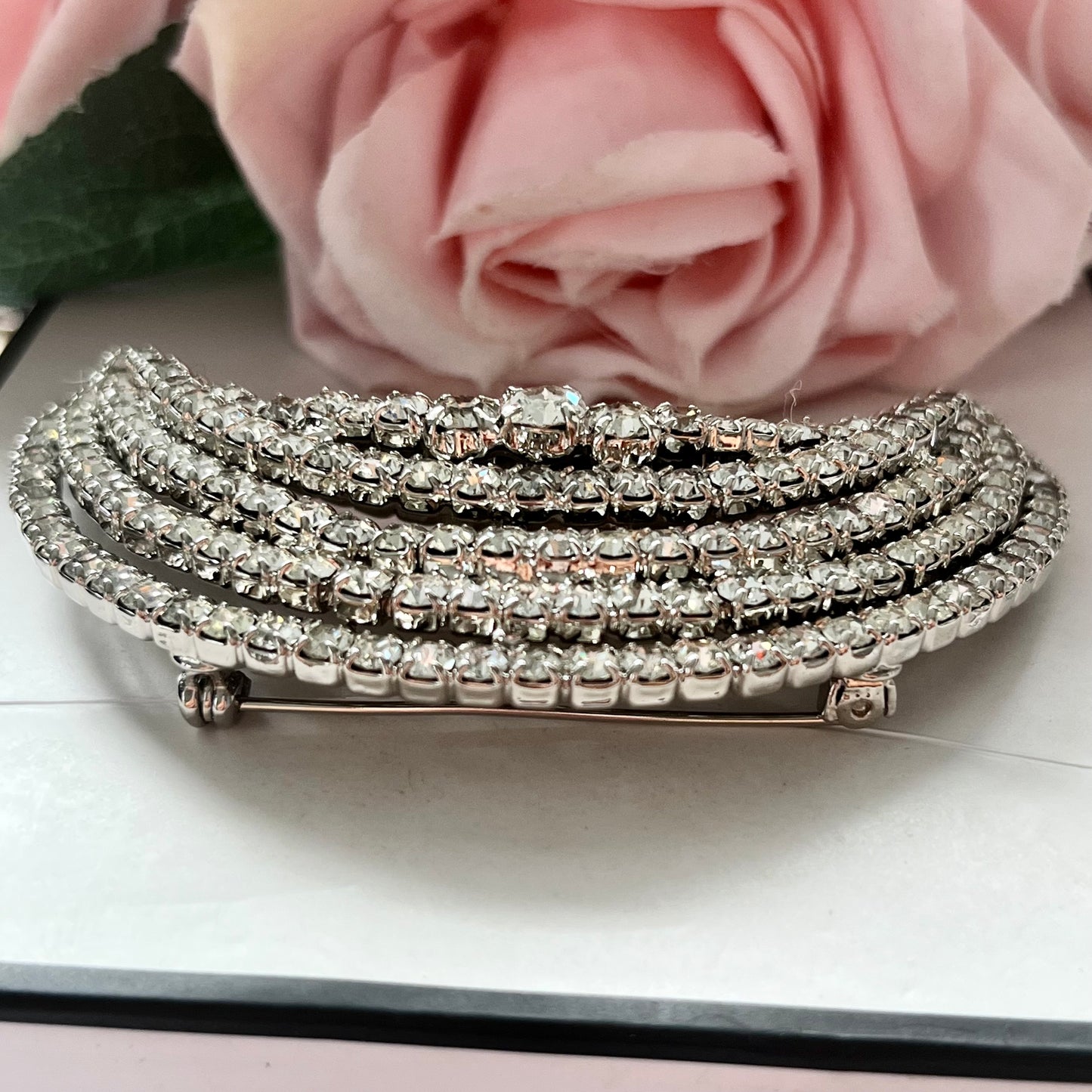 1950s Silver Tone Diamanté Crescent Moon Brooch
