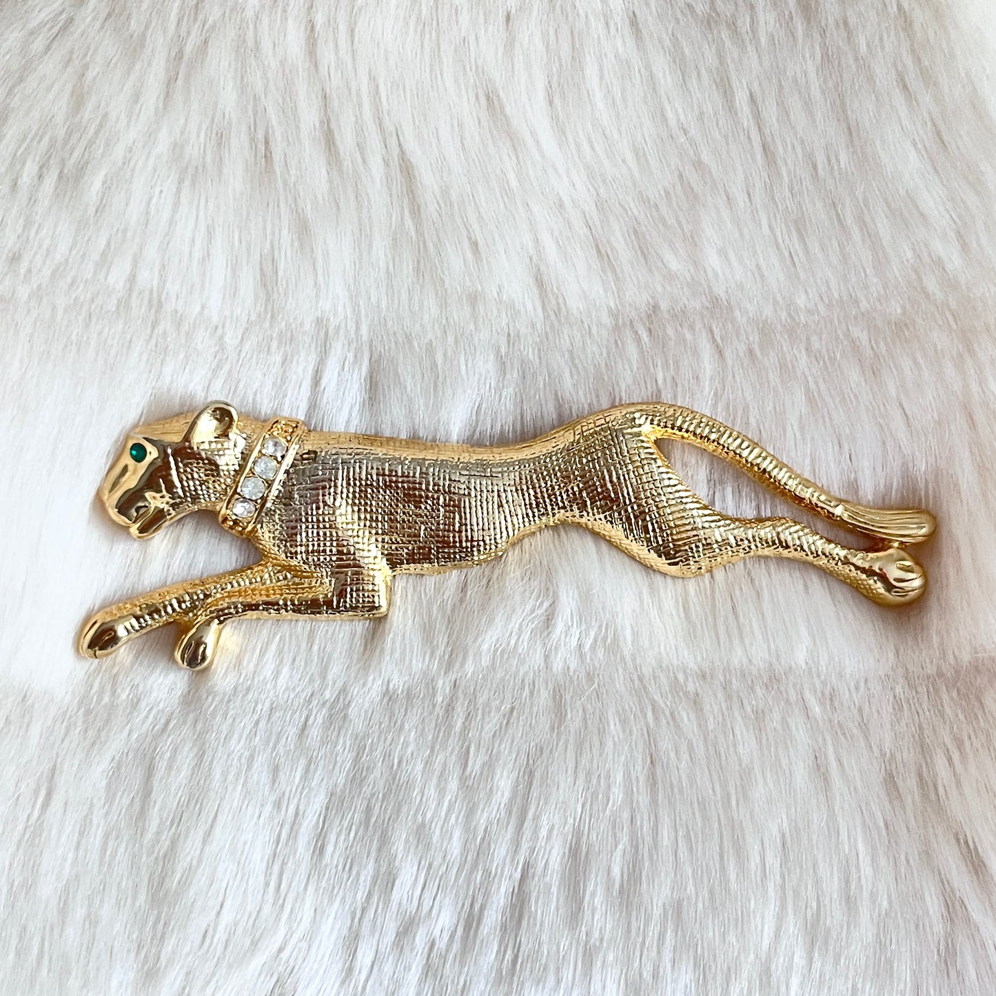 1980s Leaping Panther Gold Plated Diamanté Statement Brooch