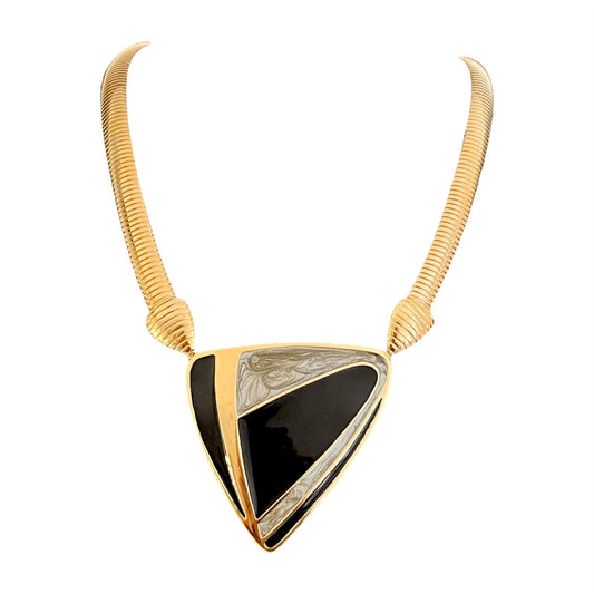 1980s Trifari Gold Plated Black Marble Pendant Collar Necklace
