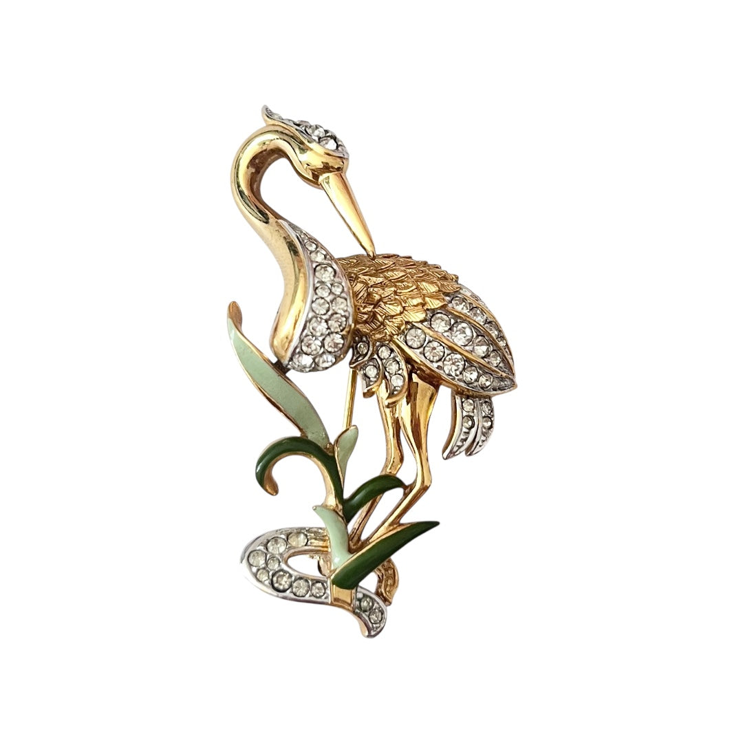 1980s Attwood & Sawyer Stork Green Wnamel Swarovski Crystals 22ct Gold Plated Brooch