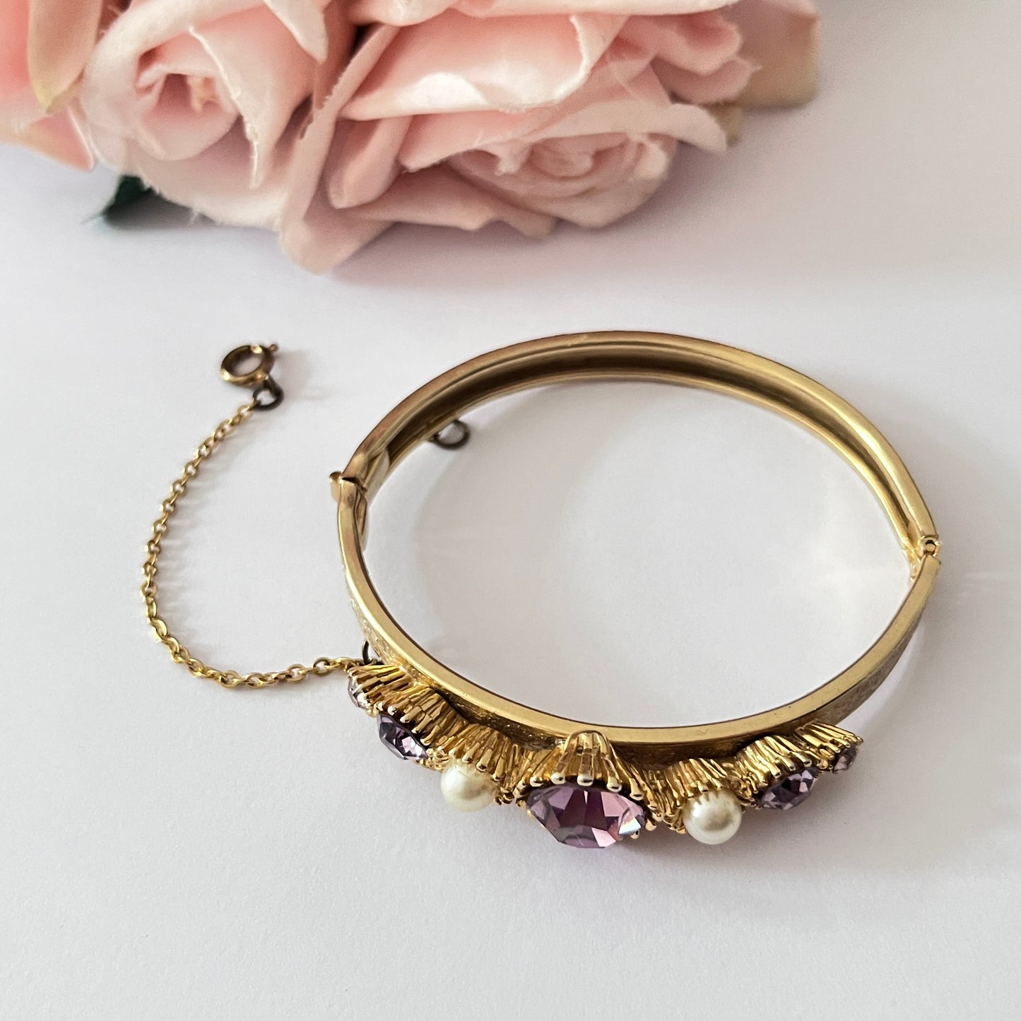1960s Faux Amethyst & Pearl Gold Plated Victorian Style Bangle
