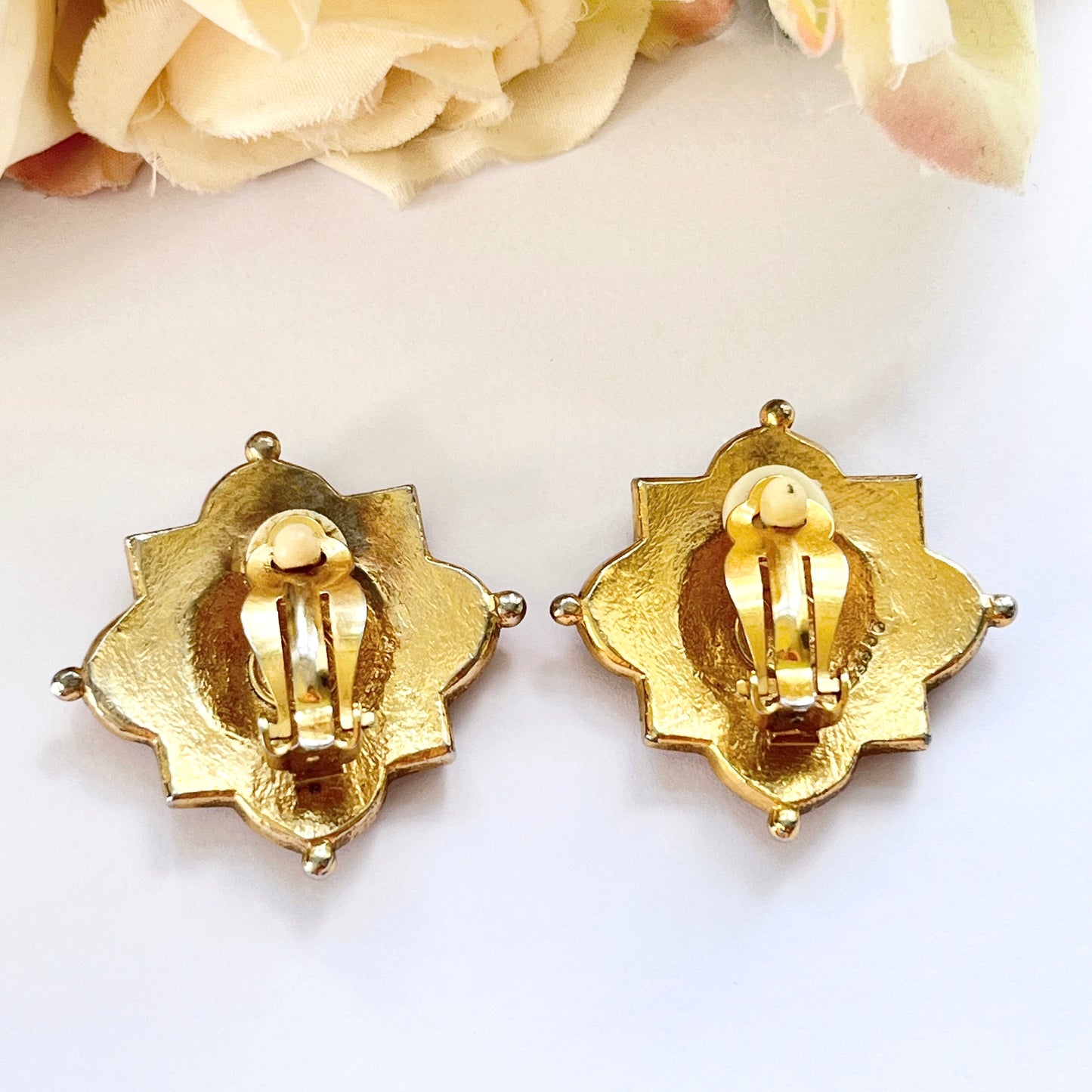 1980s Butler & Wilson Gold Plated Black Red and Green Enamel Tartan Clip On Earrings
