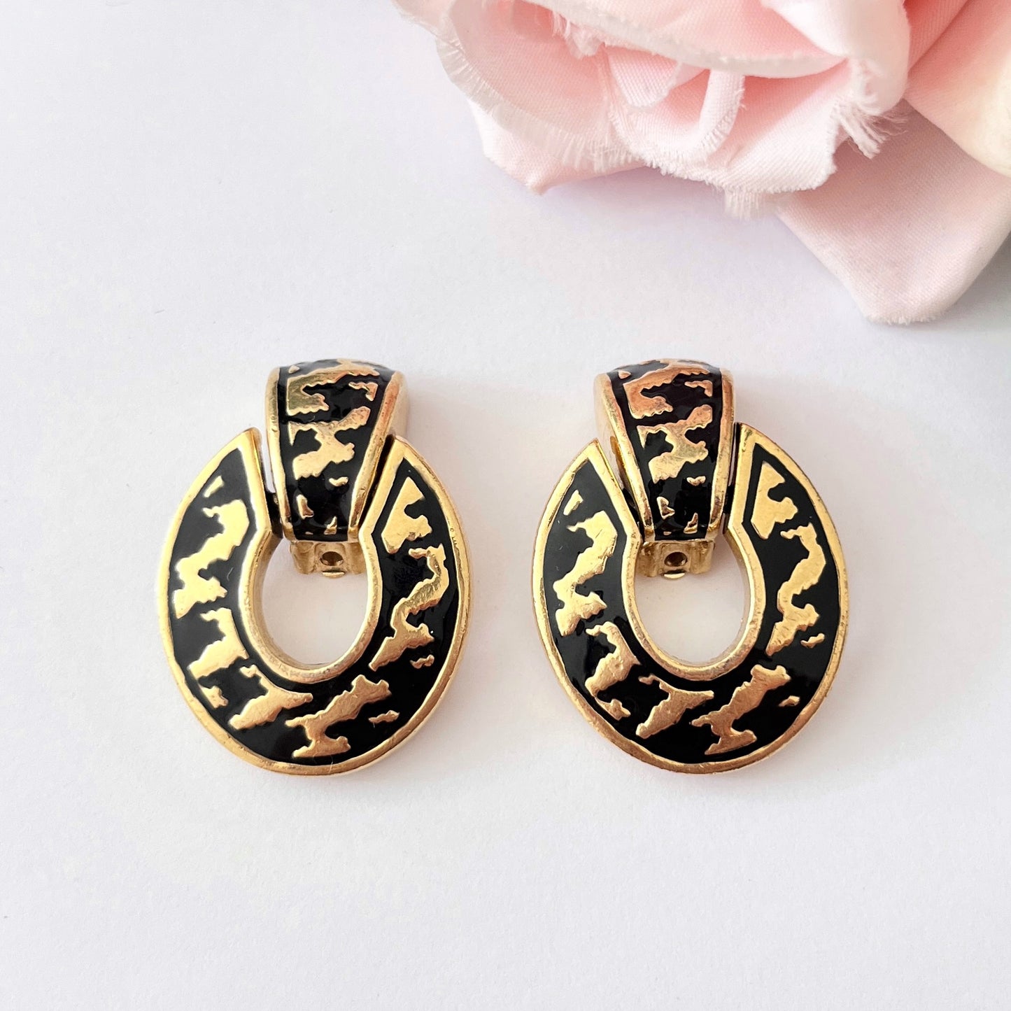 1980s Christian Dior Black Enamel Door Knocker Clip On Earrings