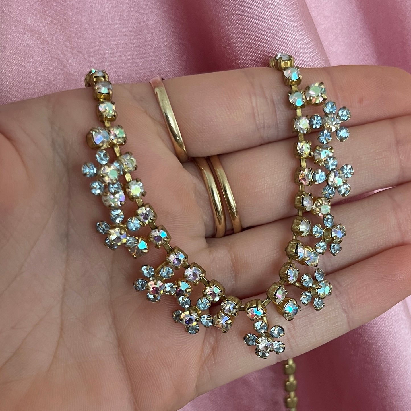 1940s Aurora Borealis Baby Blue Diamanté Flower Necklace