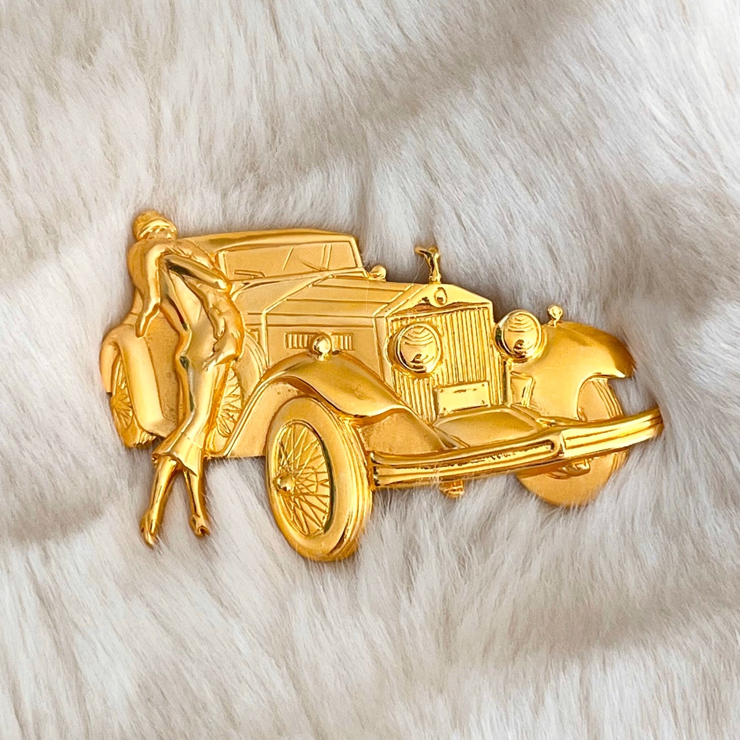 1980s JJ Jonette Jewelry for Park Lane Gold Plated Vintage Lady & Rolls Royce Car Brooch