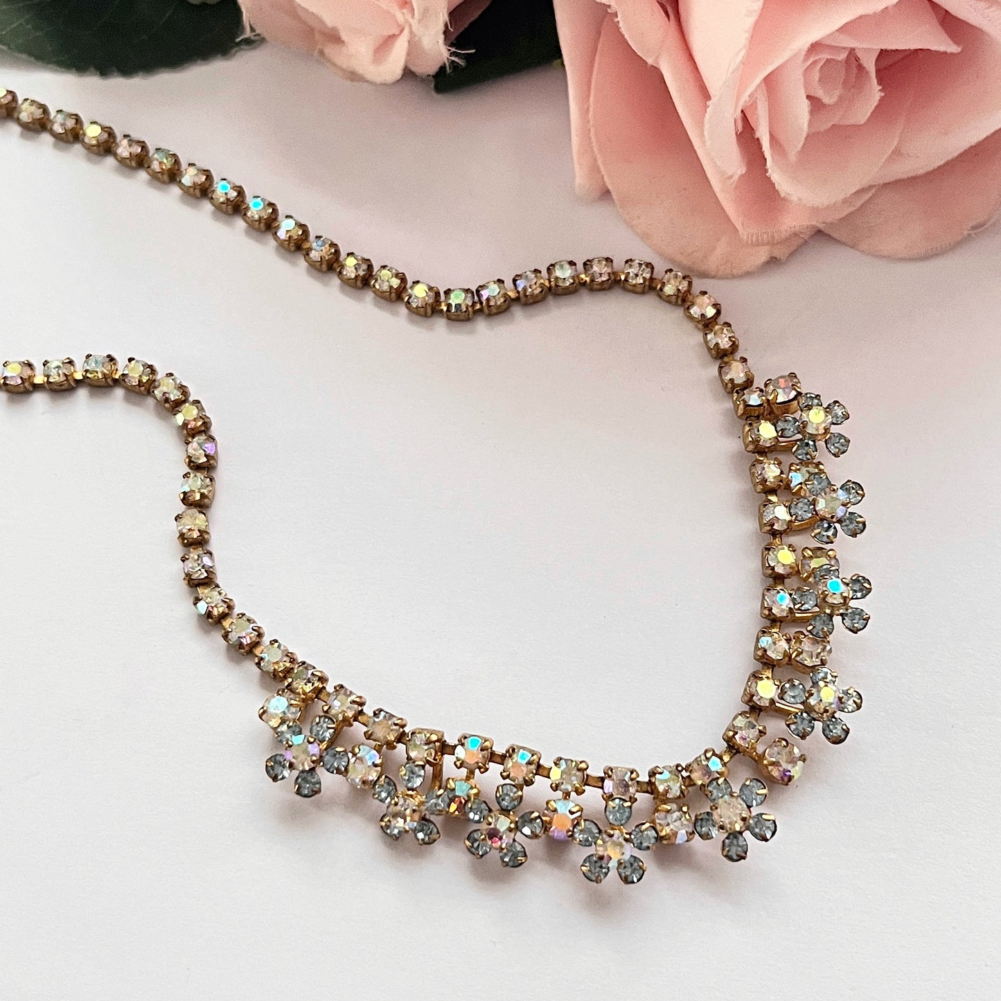 1940s Aurora Borealis Baby Blue Diamanté Flower Necklace