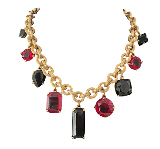 1980s Monet Black And Red Diamanté Gold Plated Statement Necklace
