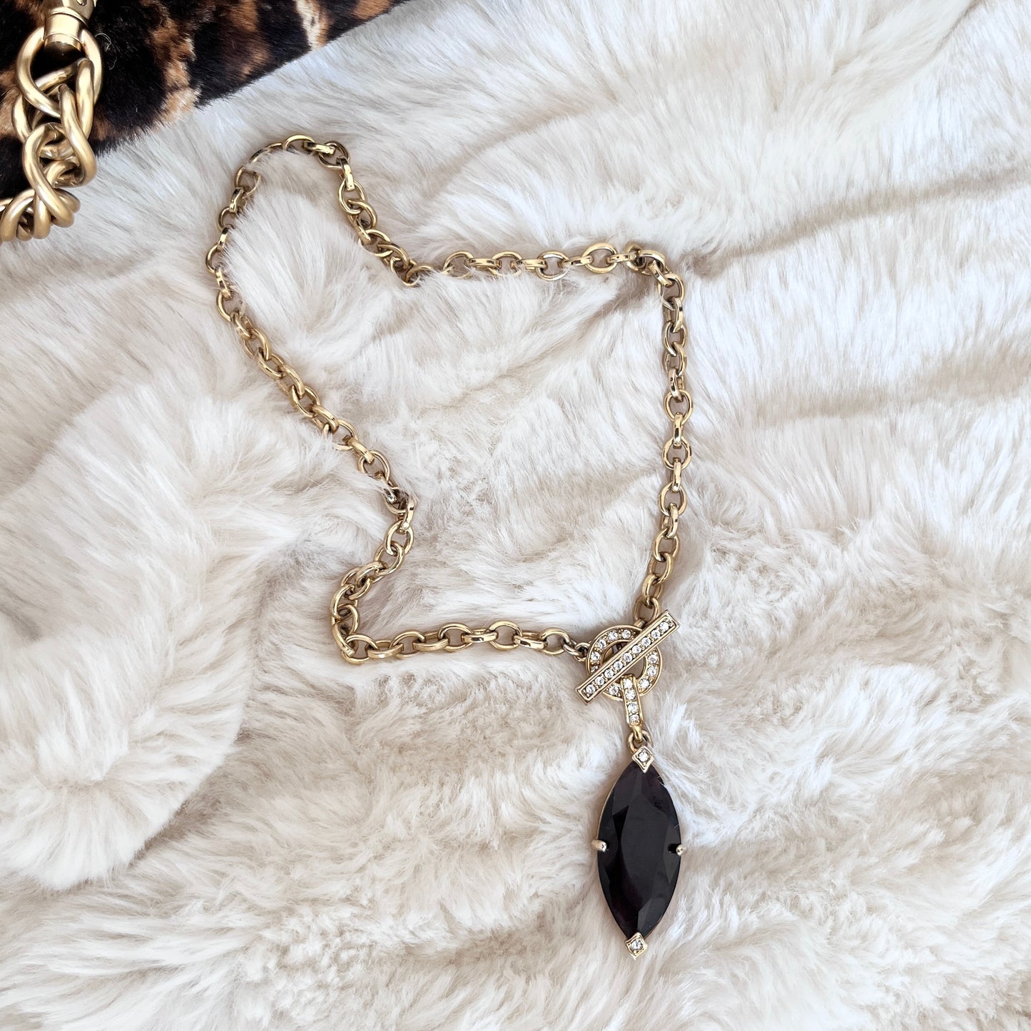 1960s Napier Gold Plated Brown Diamanté T-Bar Pendant Necklace