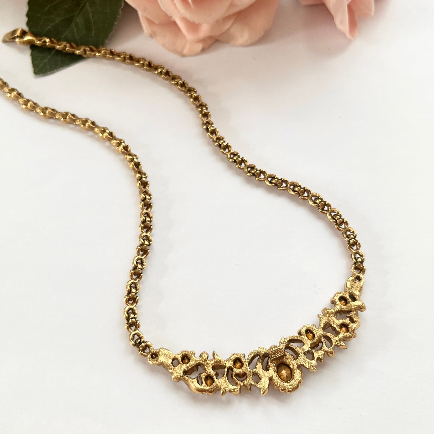 1960s Attwood & Sawyer Diamanté Brushed Gold Plated Necklace