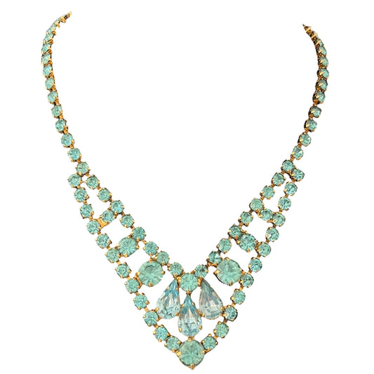 1950s Aqua Blue Diamanté Sparkly Gold Plated Necklace
