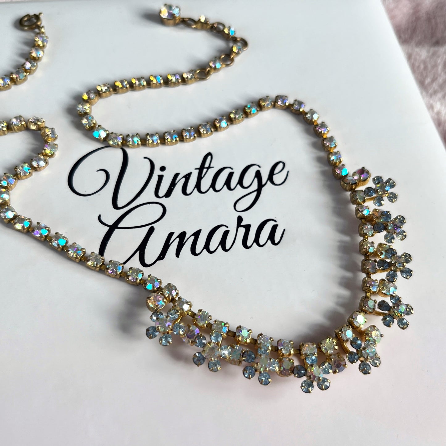 1940s Aurora Borealis Baby Blue Diamanté Flower Necklace