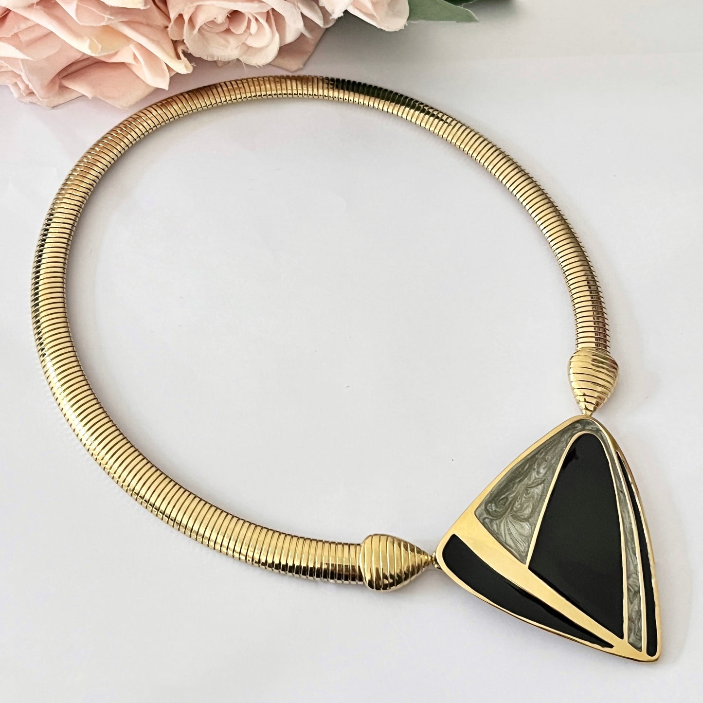1980s Trifari Gold Plated Black Marble Pendant Collar Necklace