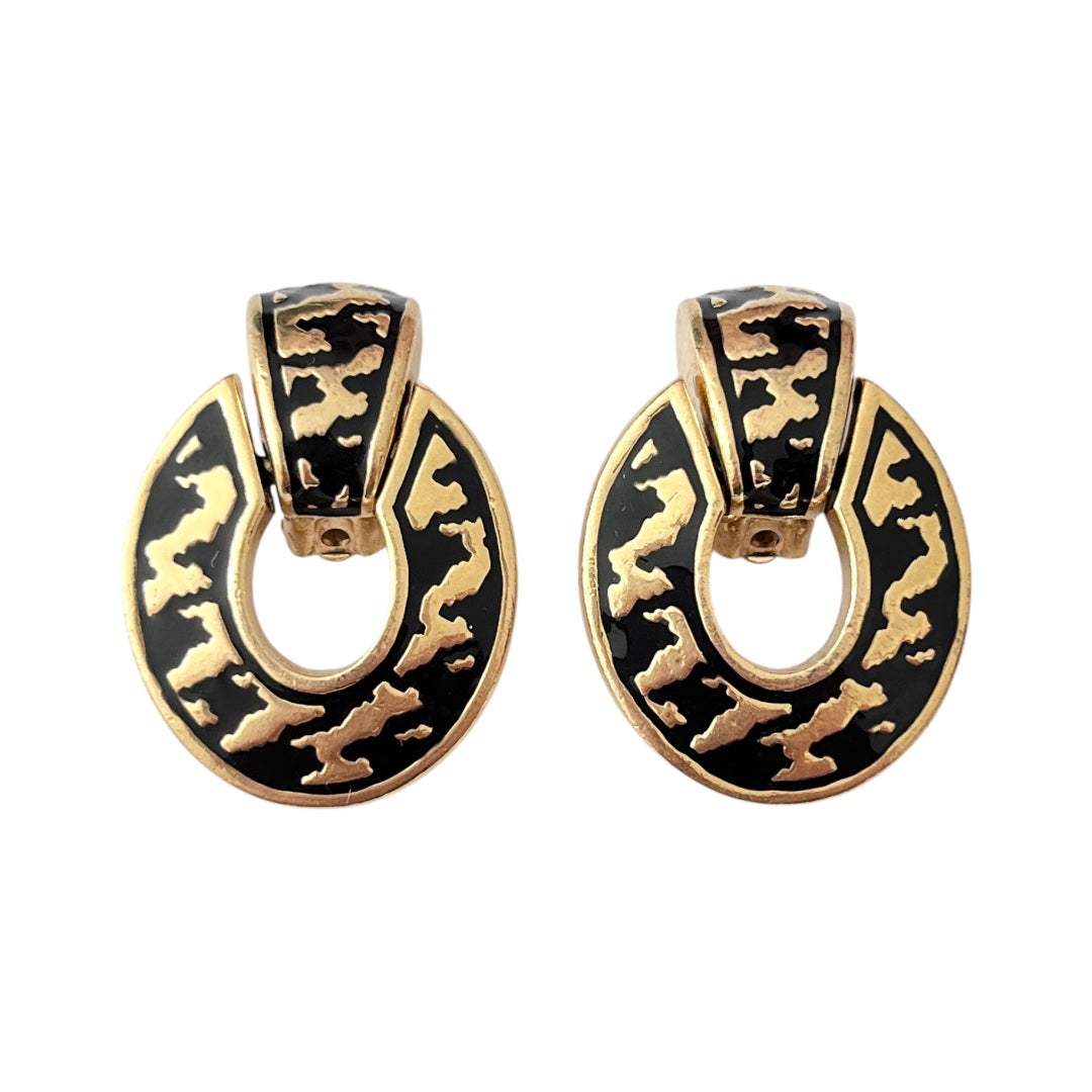 1980s Christian Dior Black Enamel Door Knocker Clip On Earrings