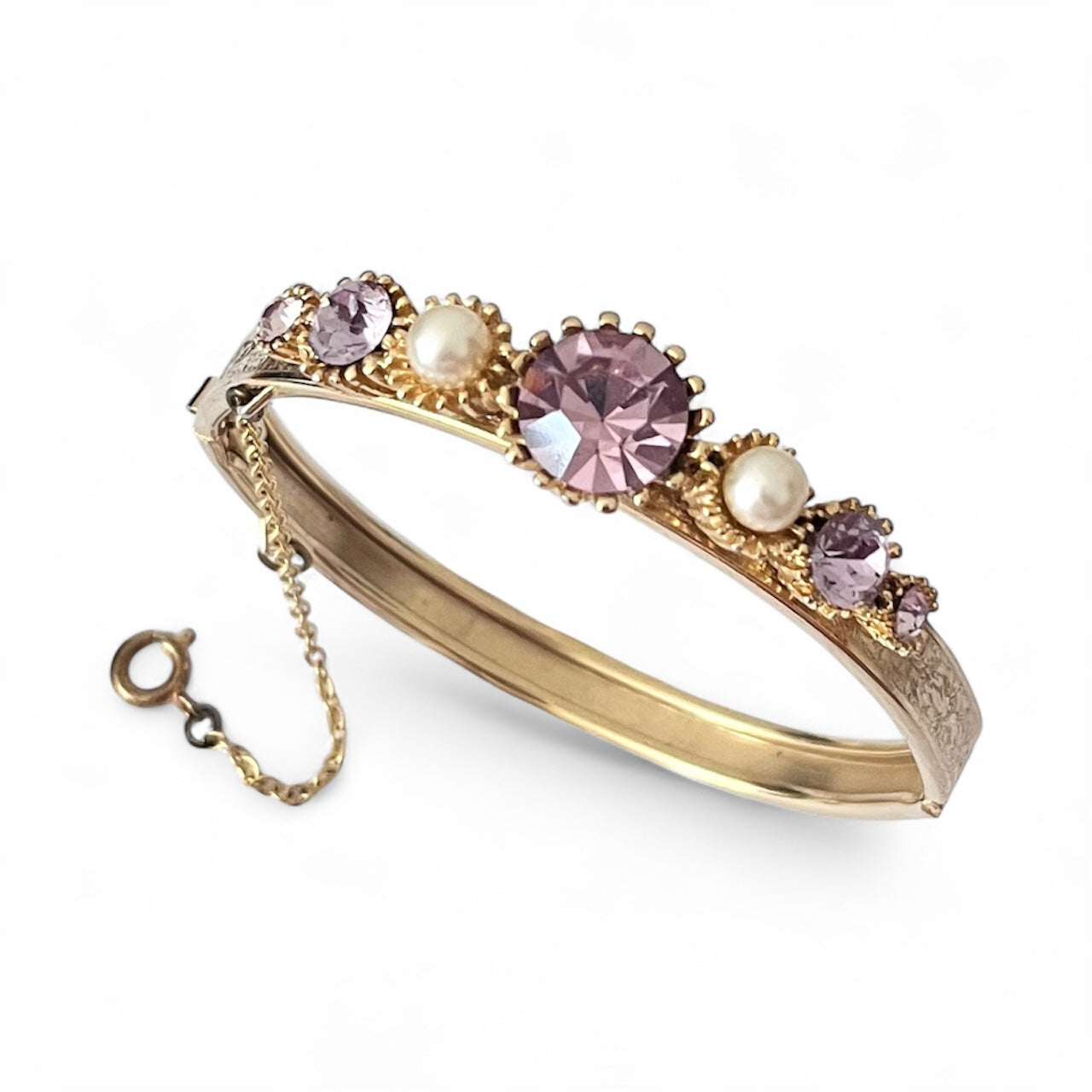 1960s Faux Amethyst & Pearl Gold Plated Victorian Style Bangle