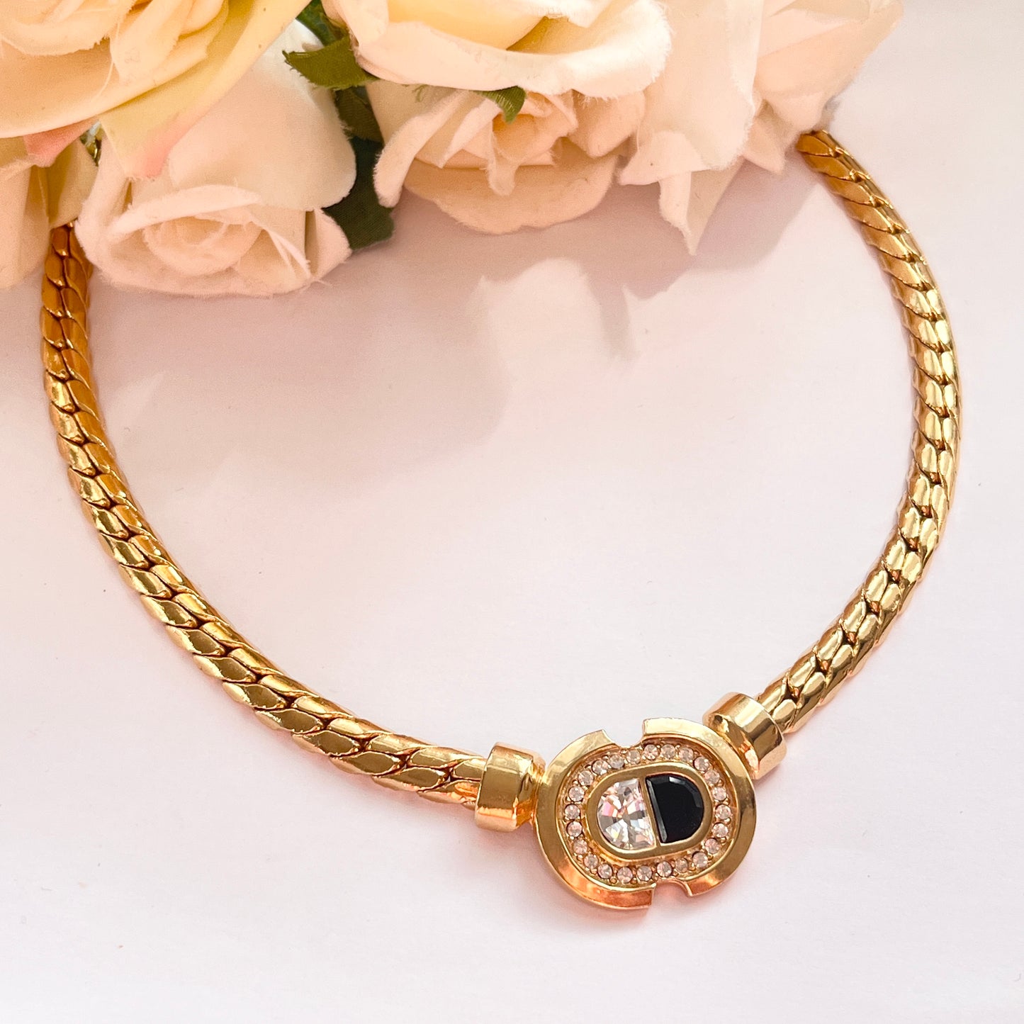 1980s Monochrome Diamanté Gold Plated Statement Collar Necklace