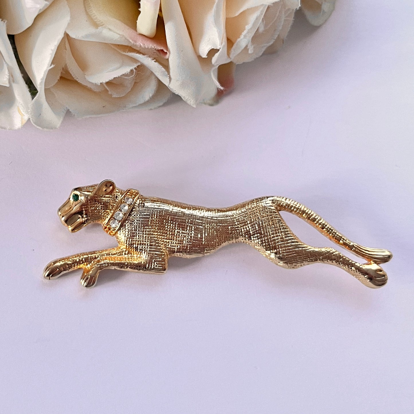 1980s Leaping Panther Gold Plated Diamanté Statement Brooch