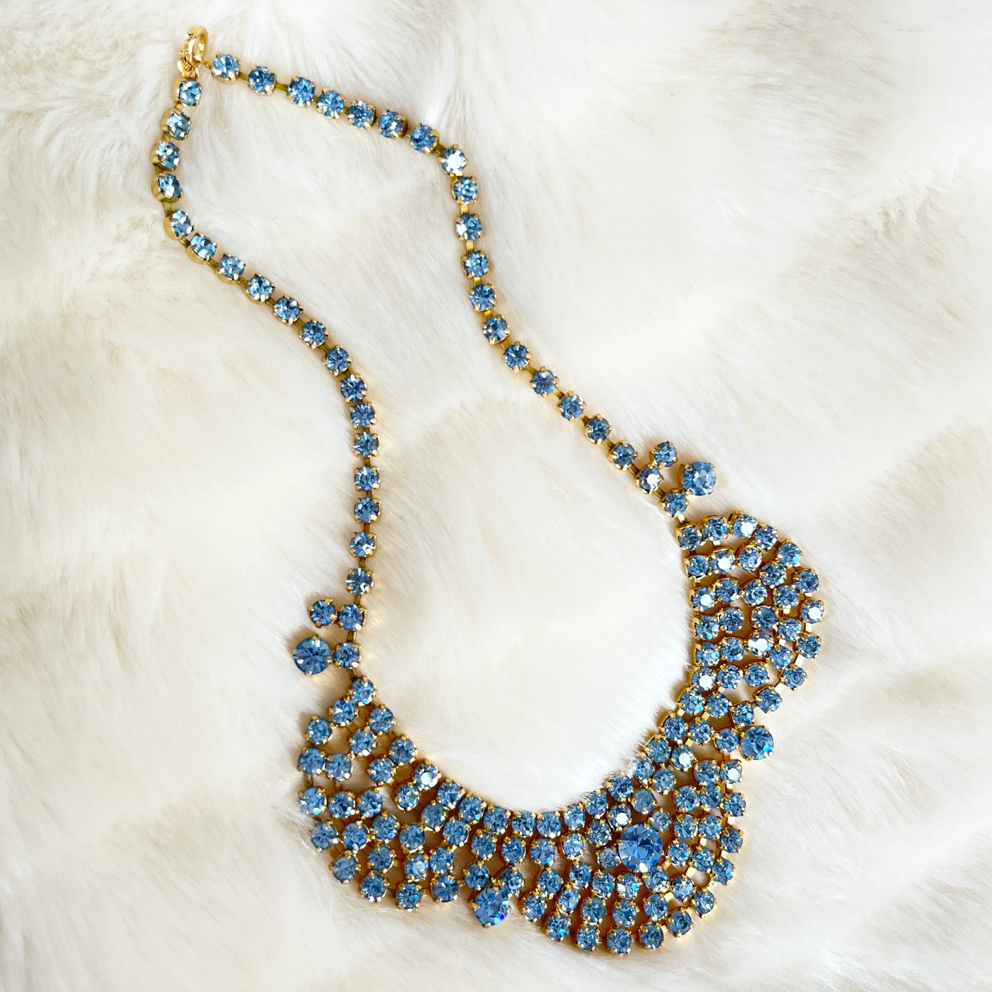 1950s Denim Blue Diamanté Sparkly Gold Plated Necklace