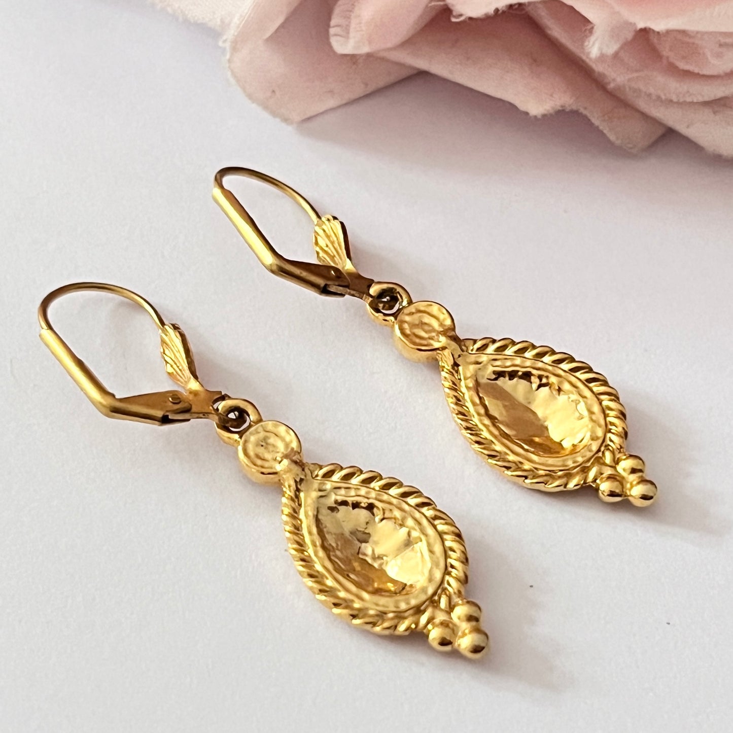 1980s Pink Marble Enamel Diamanté Gold Plated Hook Earrings