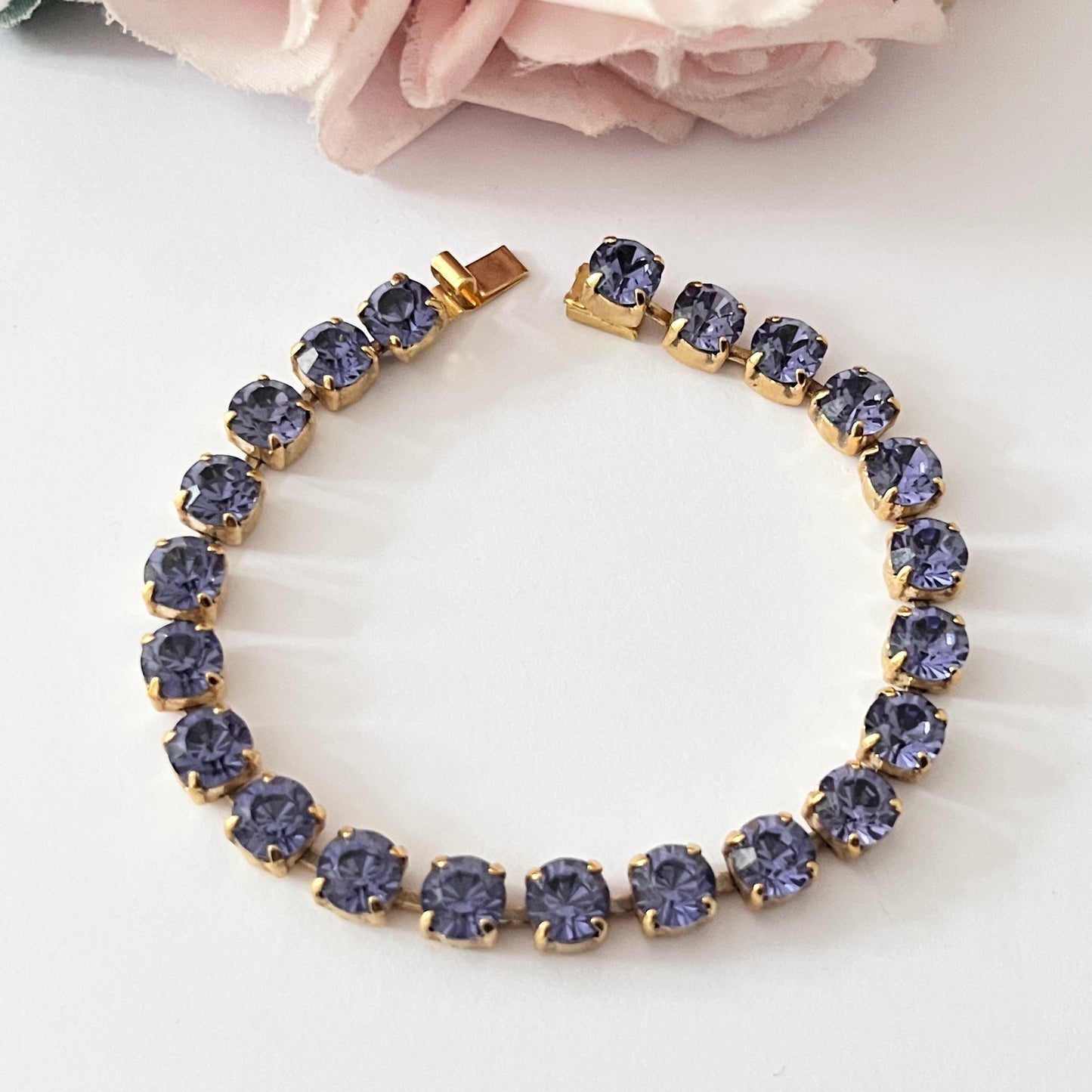 1980s Faux Amethyst Diamanté Gold Plated Tennis Bracelet