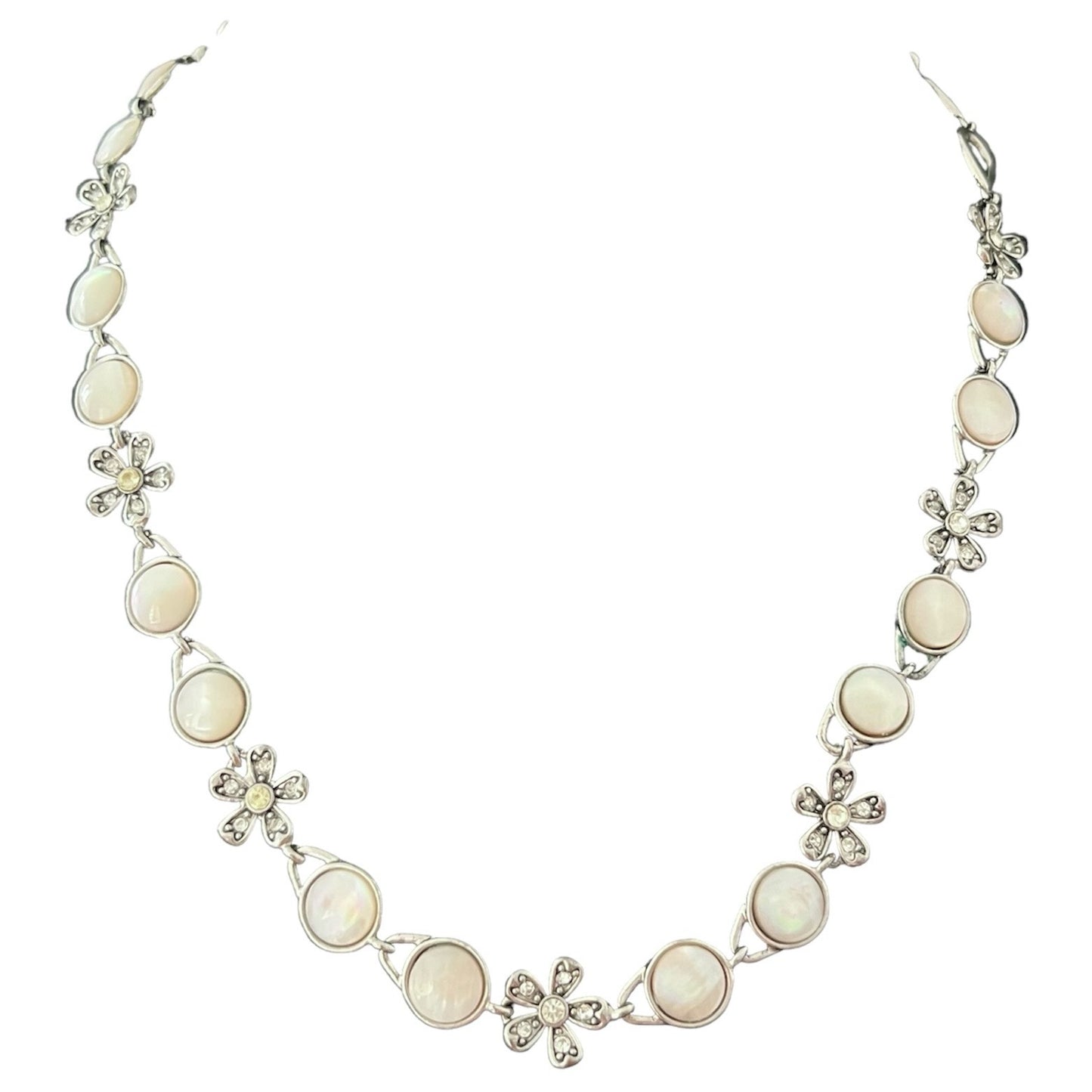 1960s Monet Mother Of Pearl Flower Diamanté Silver Tone Necklace