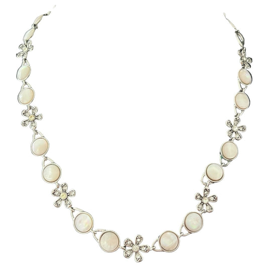 1960s Monet Mother Of Pearl Flower Diamanté Silver Tone Necklace