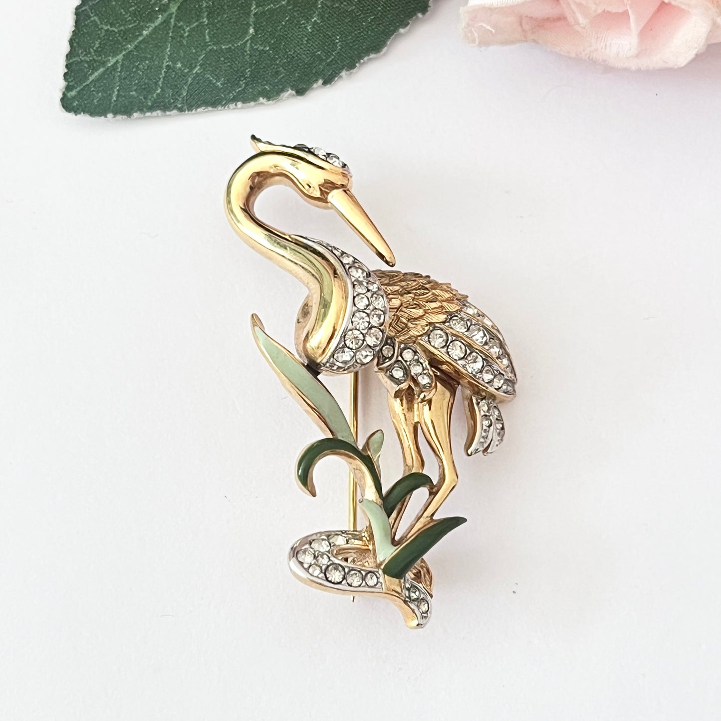 1980s Attwood & Sawyer Stork Green Wnamel Swarovski Crystals 22ct Gold Plated Brooch