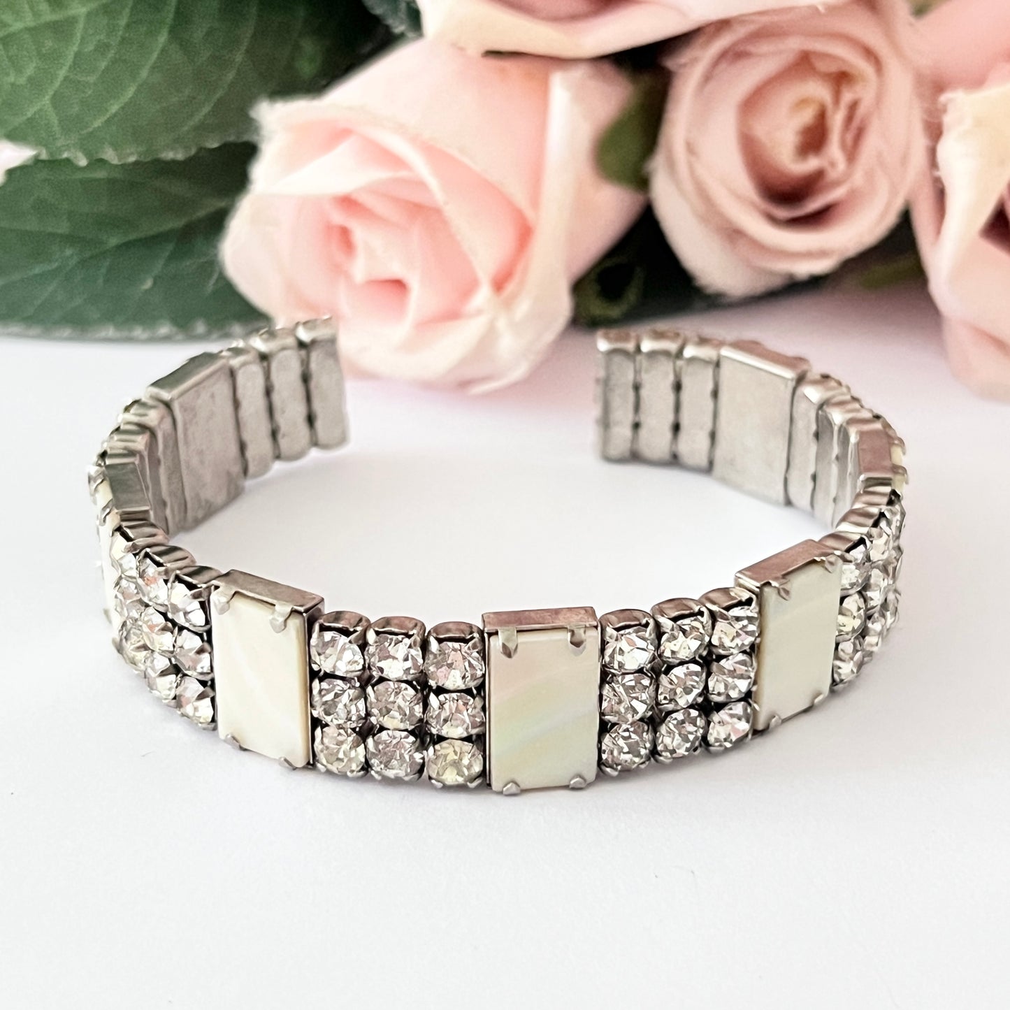 1940s Mother of Pearl and Diamanté Cuff Bracelet