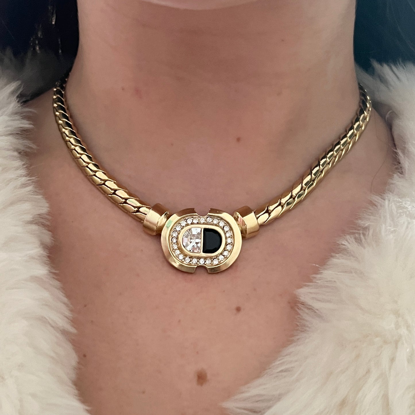 1980s Monochrome Diamanté Gold Plated Statement Collar Necklace