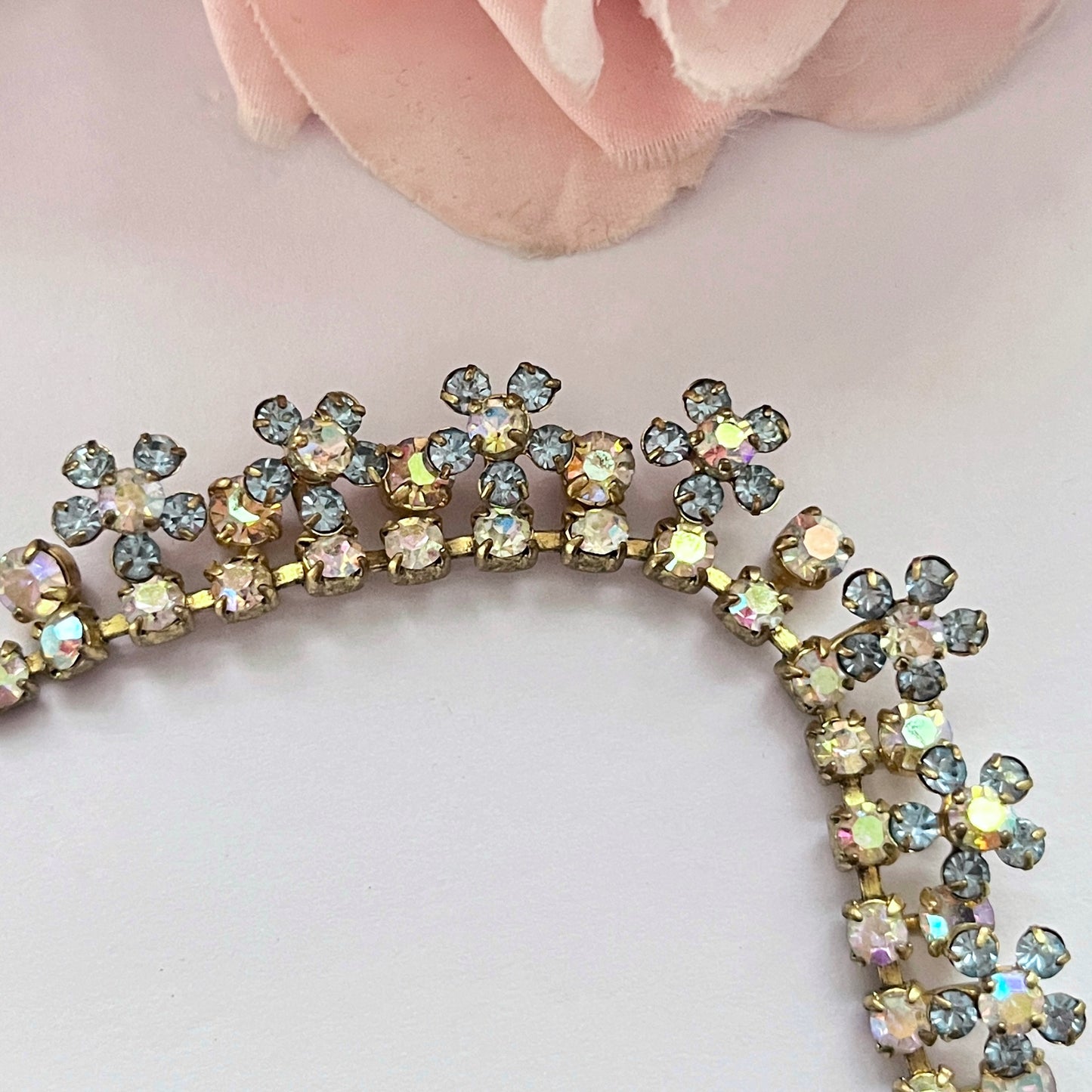 1940s Aurora Borealis Baby Blue Diamanté Flower Necklace
