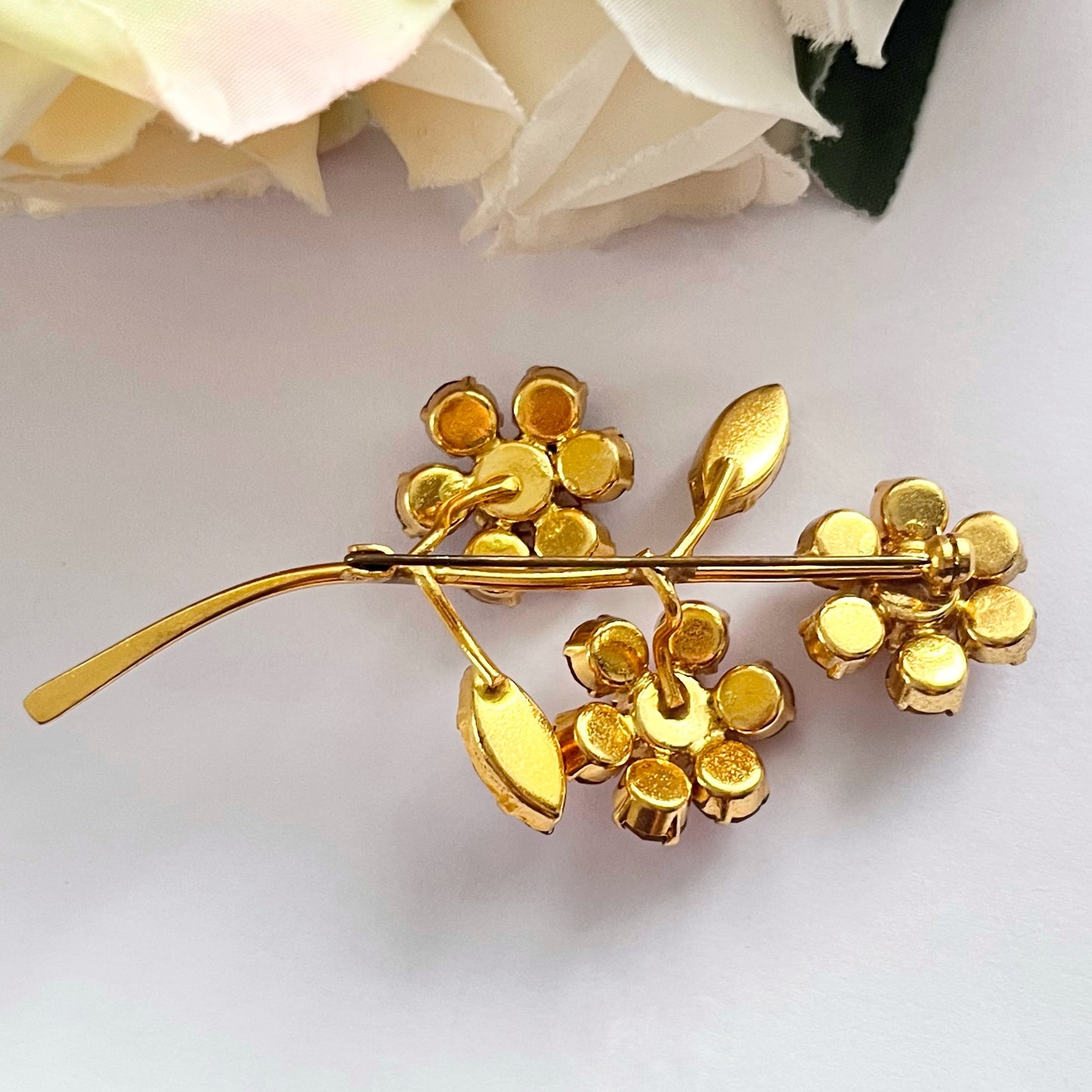 1950s Autumnal Orange & Bronze Diamanté Gold Plated Flower Brooch