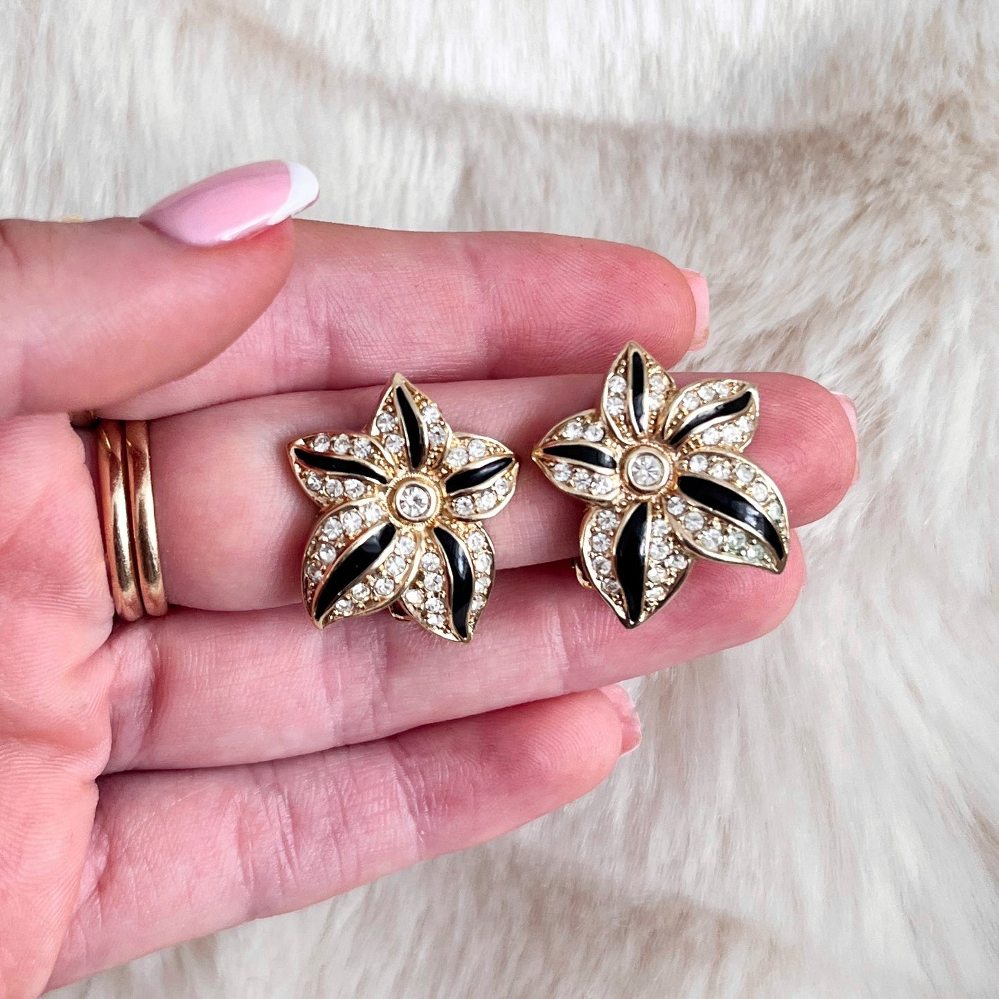 1980s Christian Dior Germany Gold Plated Black Enamel Diamanté Clip On Earrings