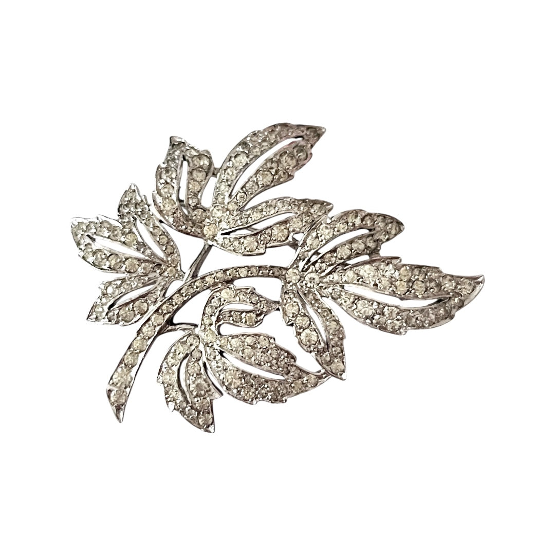 1950s CIRO Pearls Silver Paste Sparkly Leaf Brooch