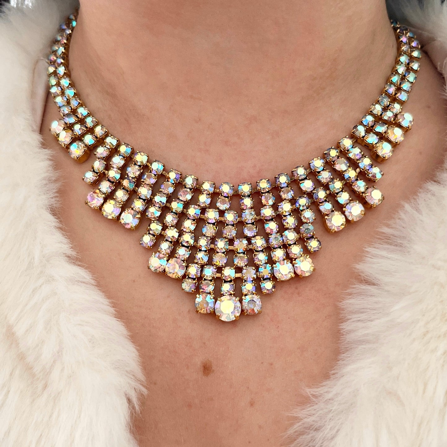1950s Aurora Borealis Gold Plated Statement Necklace