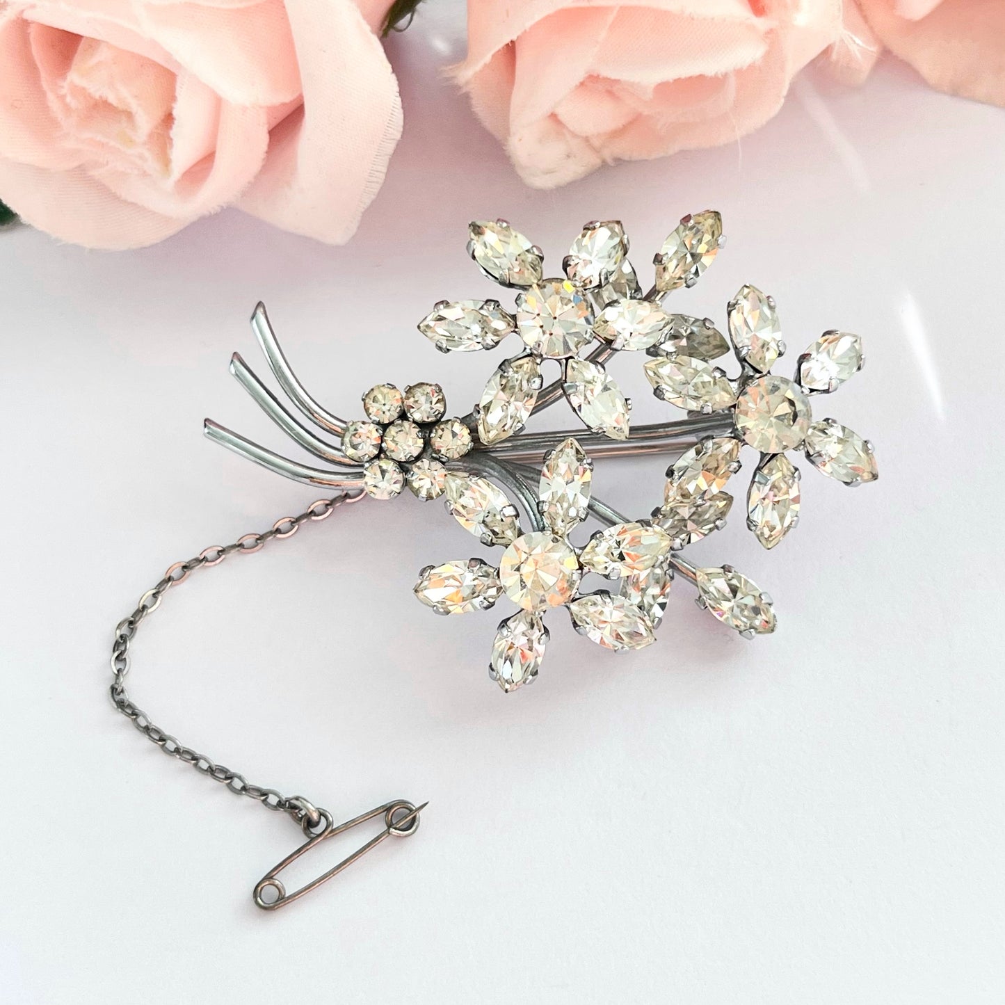 1930s Sparkly Diamanté Floral Spray Brooch