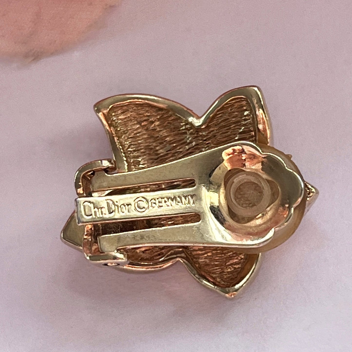 1980s Christian Dior Germany Gold Plated Black Enamel Diamanté Clip On Earrings