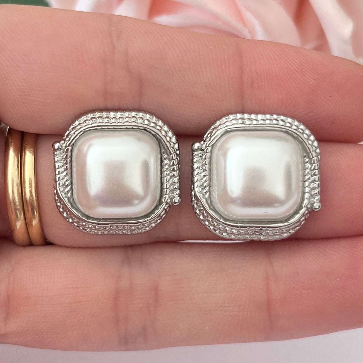 Silver Faux Pearl Square Statement Pierced Earrings