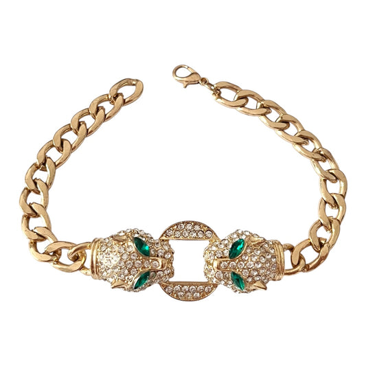 1980s Gold Plated Emerald Diamanté Panther Chain Bracelet