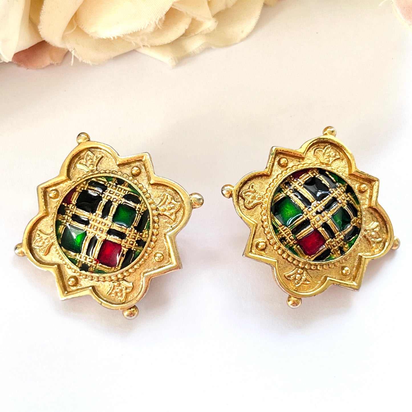 1980s Butler & Wilson Gold Plated Black Red and Green Enamel Tartan Clip On Earrings