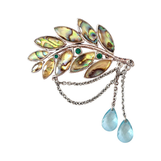 1960s Monet Abalone Shell Blue Bead Dangly Leaf Brooch