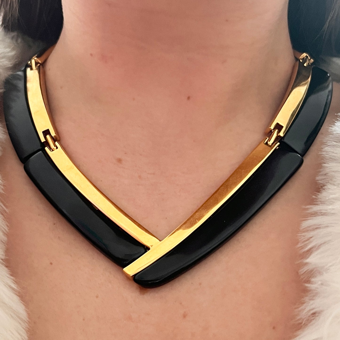 1980s Napier Gold Plated Black Resin Statement Collar Necklace