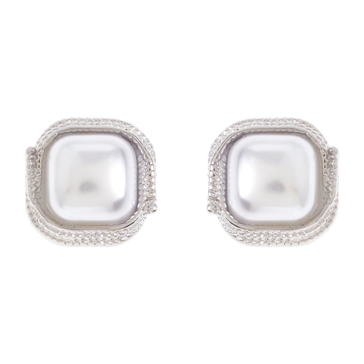 Silver Faux Pearl Square Statement Pierced Earrings