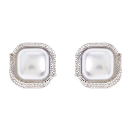 Silver Faux Pearl Square Statement Pierced Earrings
