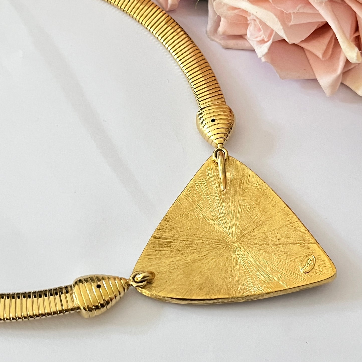 1980s Trifari Gold Plated Black Marble Pendant Collar Necklace