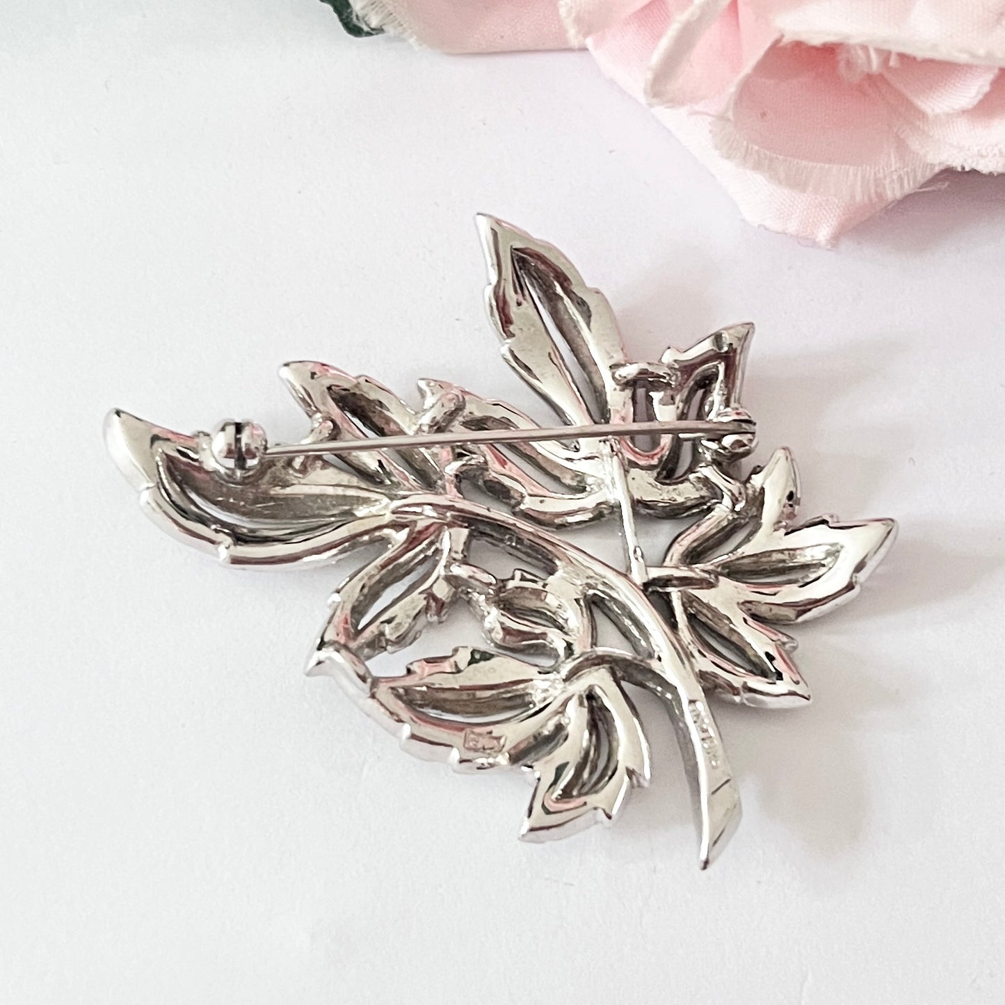 1950s CIRO Pearls Silver Paste Sparkly Leaf Brooch