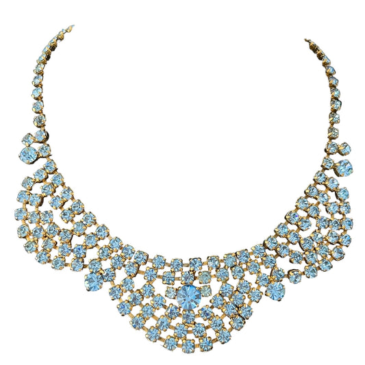 1950s Denim Blue Diamanté Sparkly Gold Plated Necklace