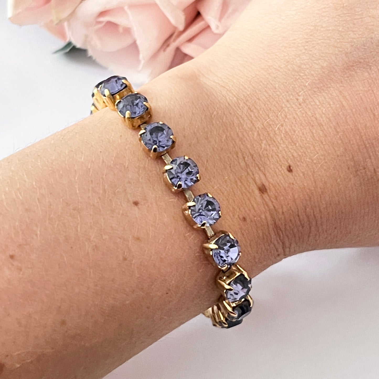 1980s Faux Amethyst Diamanté Gold Plated Tennis Bracelet