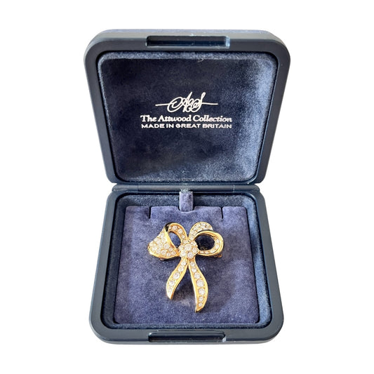 1980s Attwood & Sawyer 22ct Gold Plated Swarovski Crystal Bow Brooch With Box