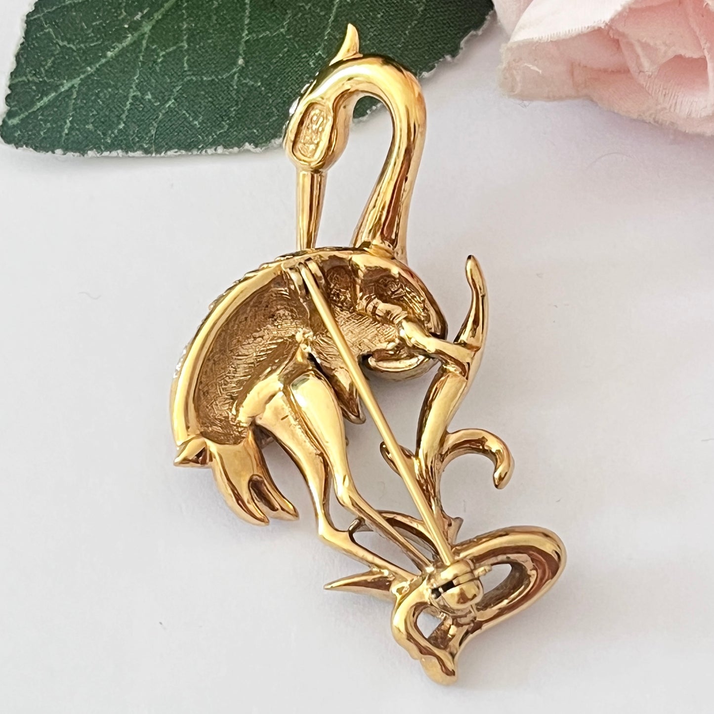 1980s Attwood & Sawyer Stork Green Wnamel Swarovski Crystals 22ct Gold Plated Brooch