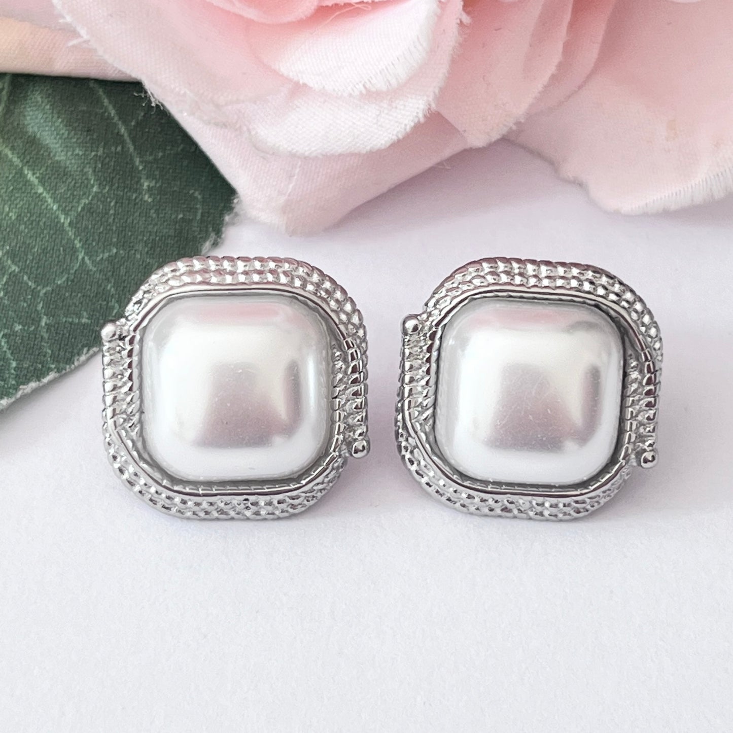 Silver Faux Pearl Square Statement Pierced Earrings